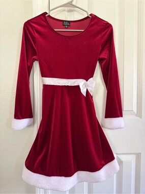 Girls Red Velvet Holiday Dress with White Faux Fur Trim